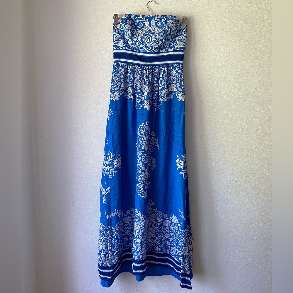 Vineyard Vines Blue and White Scarf Strapless Maxi Dress
